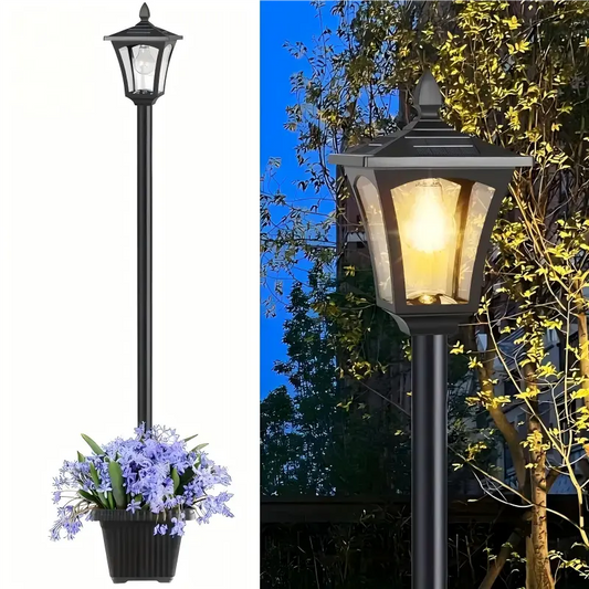 65” Solar Lamp Post Light with Planter – Waterproof Outdoor Garden Light, Warm White Glass Solar Pole for Patio, Yard & Pathway