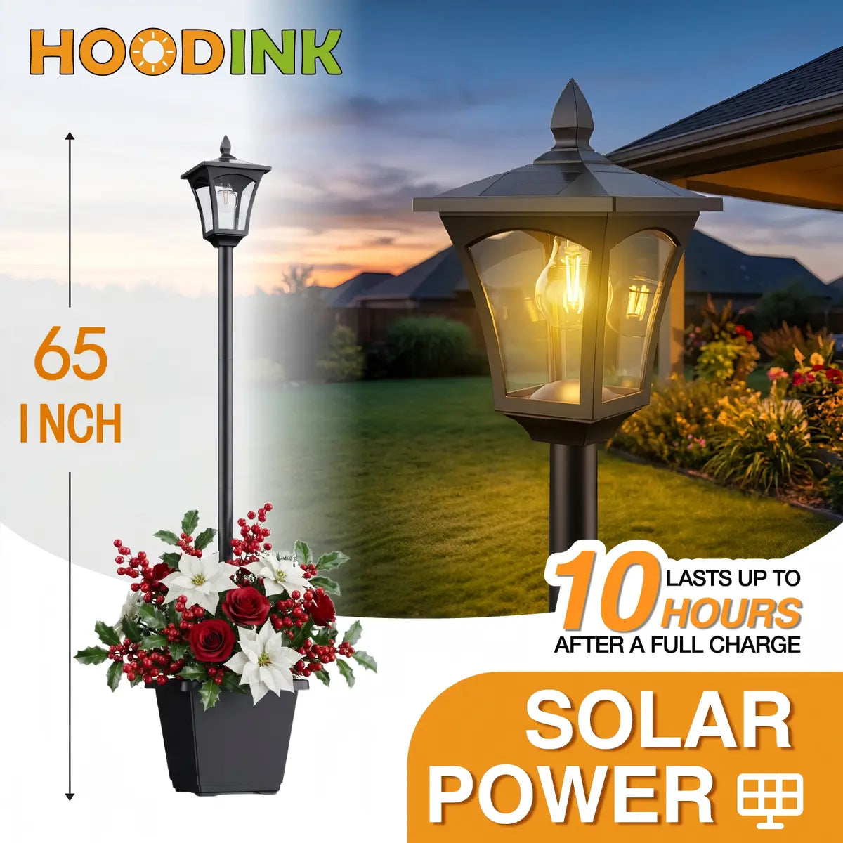 65” Solar Lamp Post Light with Planter – Waterproof Outdoor Garden Light, Warm White Glass Solar Pole for Patio, Yard & Pathway