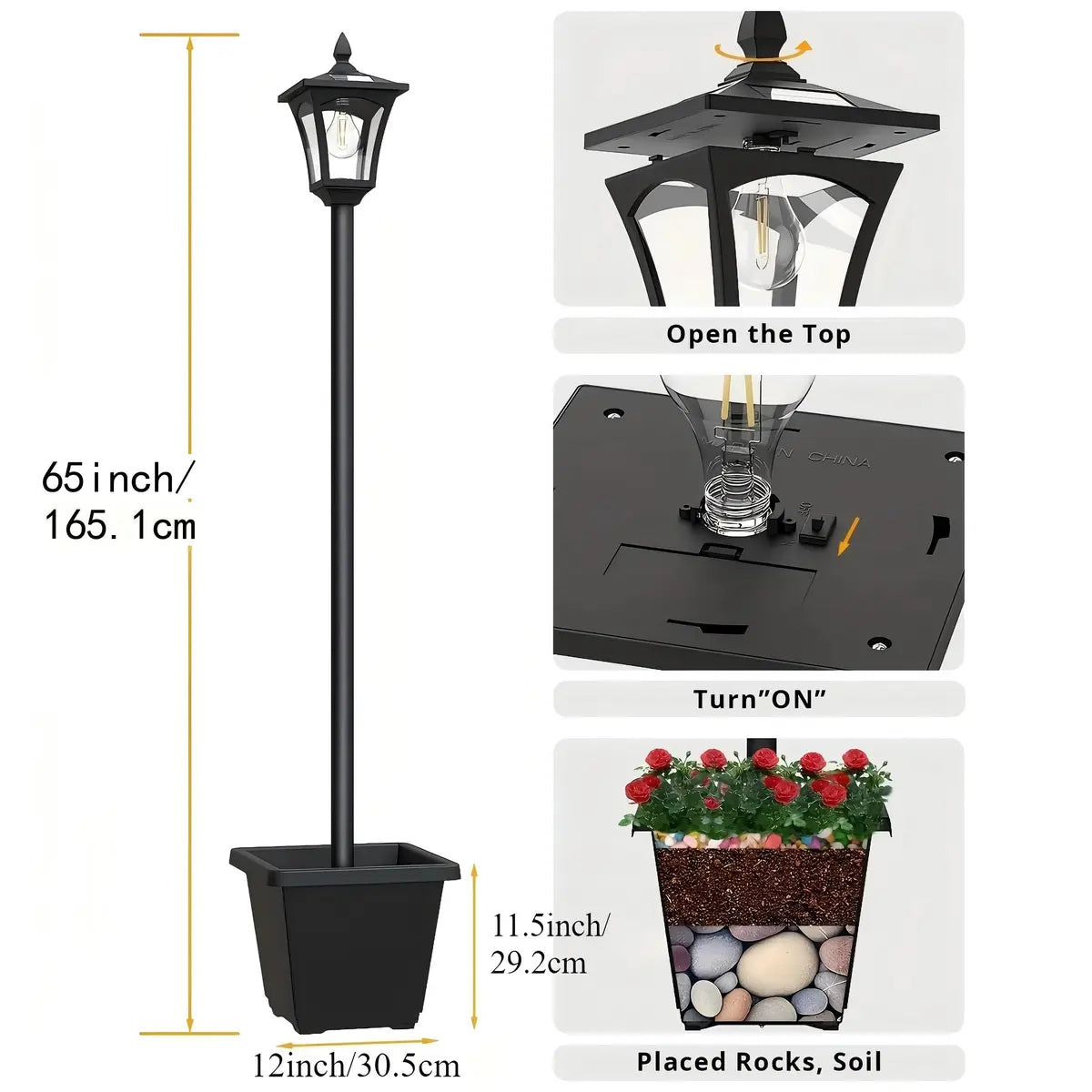 65” Solar Lamp Post Light with Planter – Waterproof Outdoor Garden Light, Warm White Glass Solar Pole for Patio, Yard & Pathway